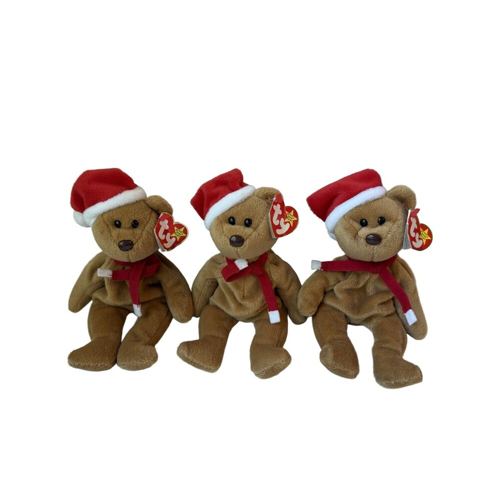 (3) Ty Teddy Beanie Baby 4200 Retired 1997 Santa Hat Red Scarf Tags